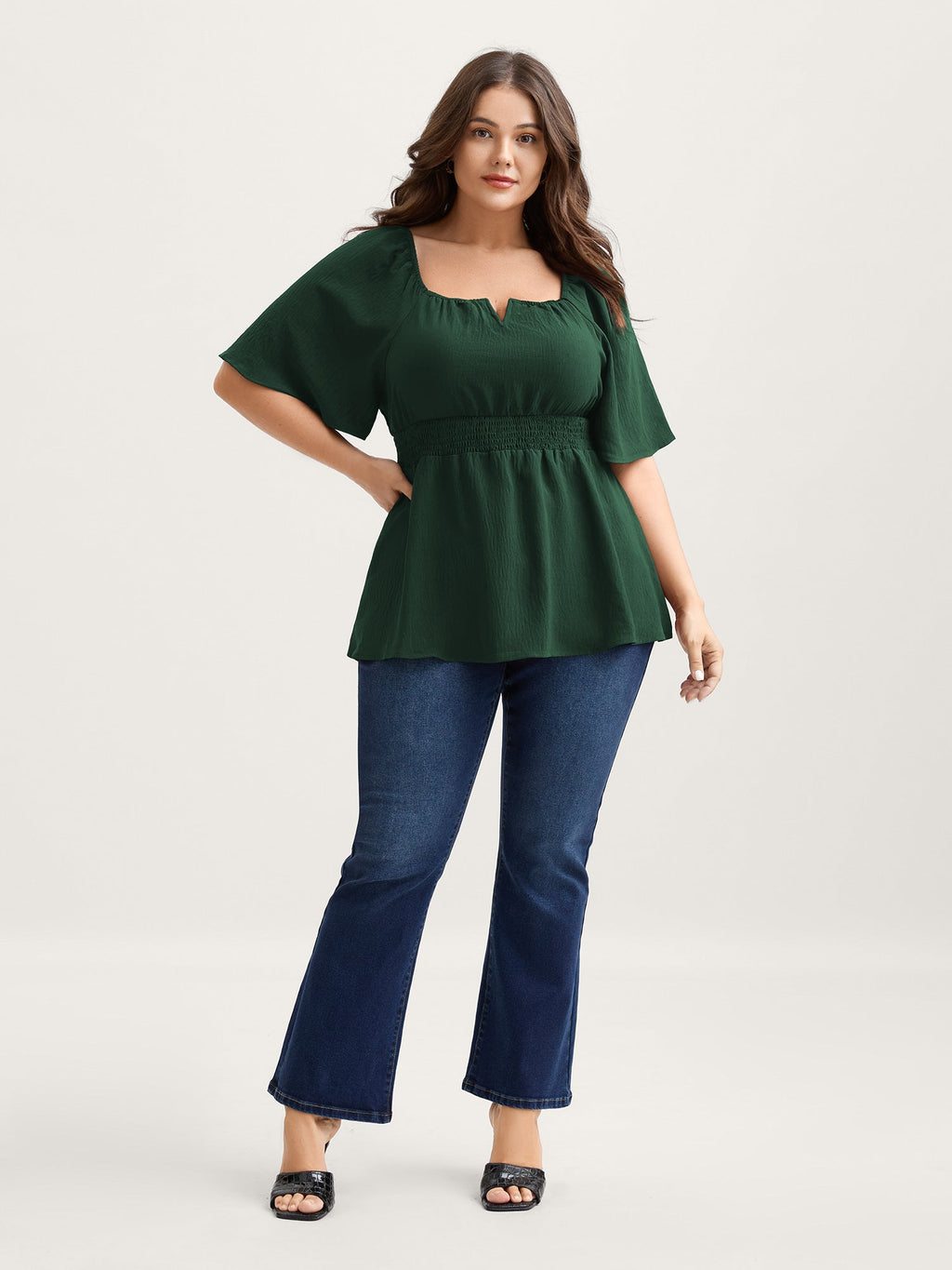Stretchy Neckline Waist-Cinched Solid Blouse
