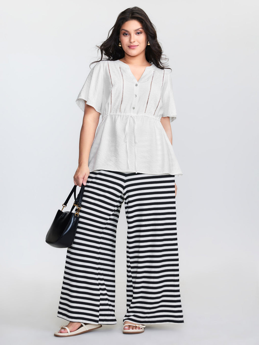 Lace Trim Drawstring Waist Plain Blouse