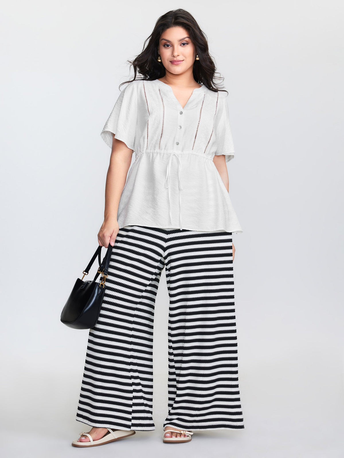 Lace Trim Drawstring Waist Plain Blouse