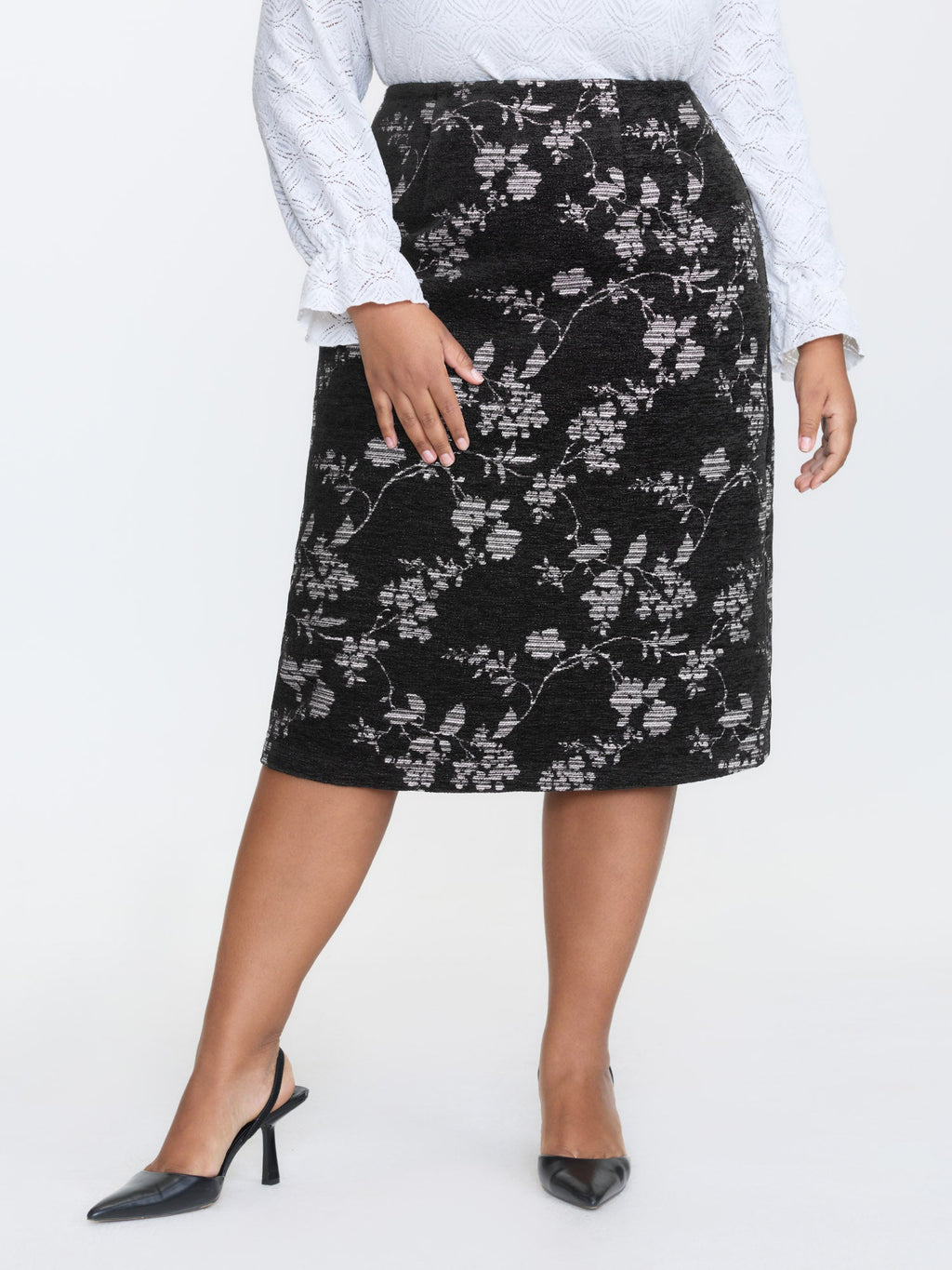 Floral Textured Zipper Midi Pencil Skirt