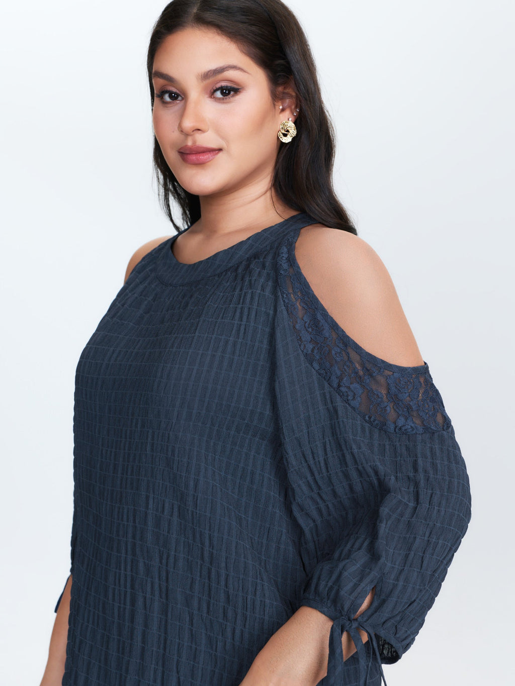 Shoulder Cut-Out Textured Back-Tie Blouse