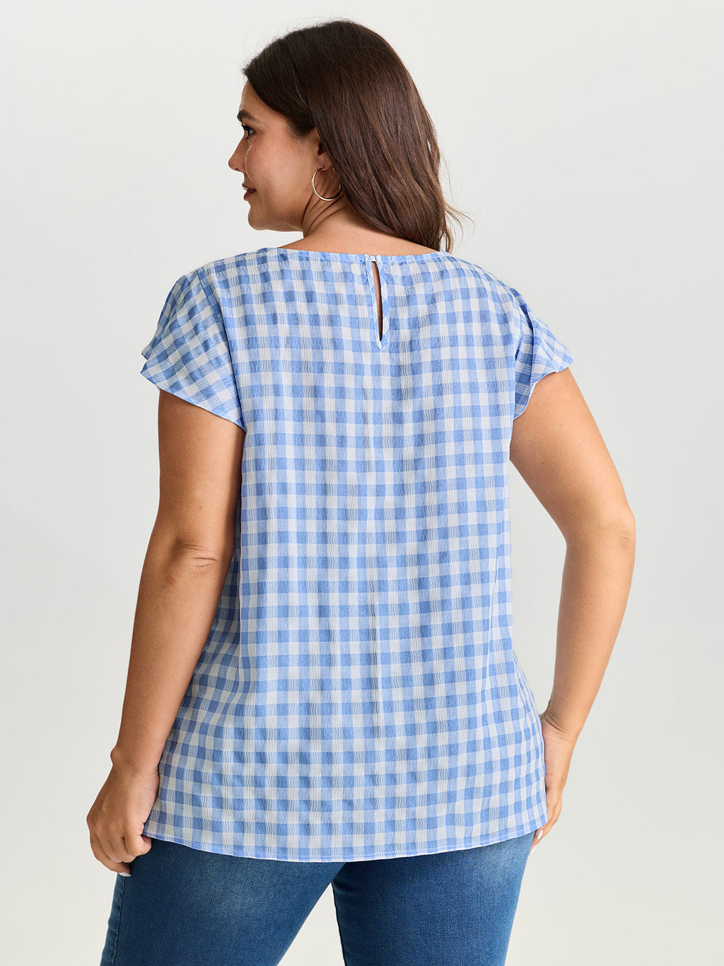 Gingham Print Ruffled Sleeve Pleated Blouse
