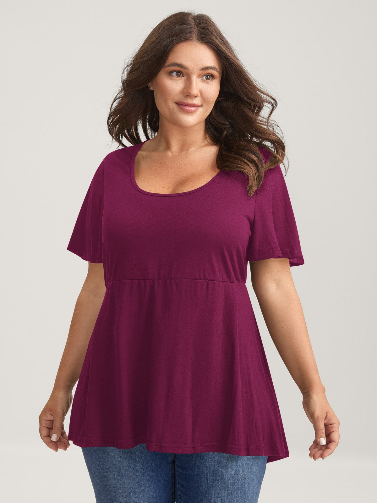 Ruffled Sleeve Round Neck Babydoll Top