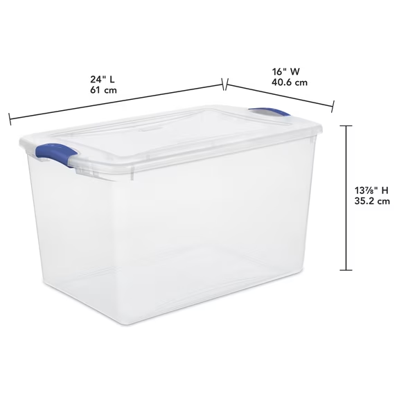 66 Clear Plastic Storage Box with Blue Latching Lid, Large Stackable Storage Container for Home, Garage & Bedroom Organisation