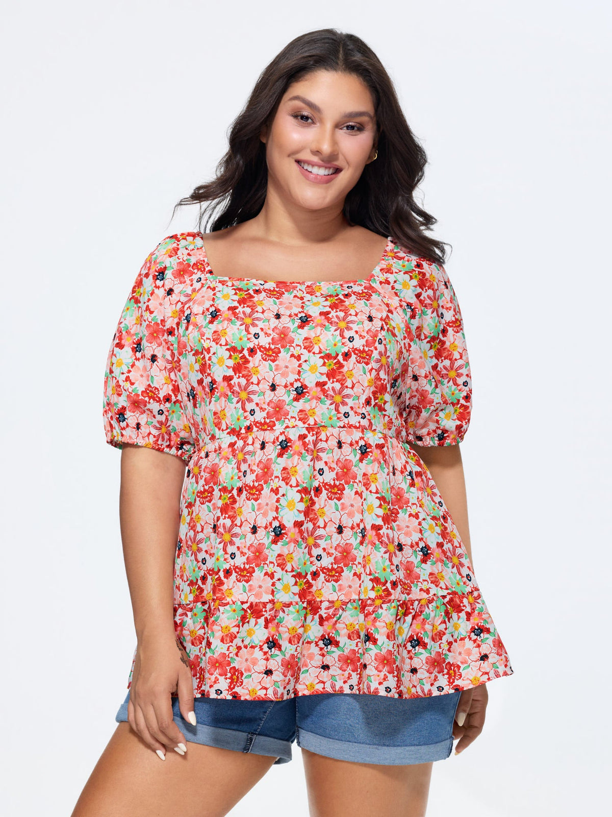Floral Square Neck Fit and Flare Blouse
