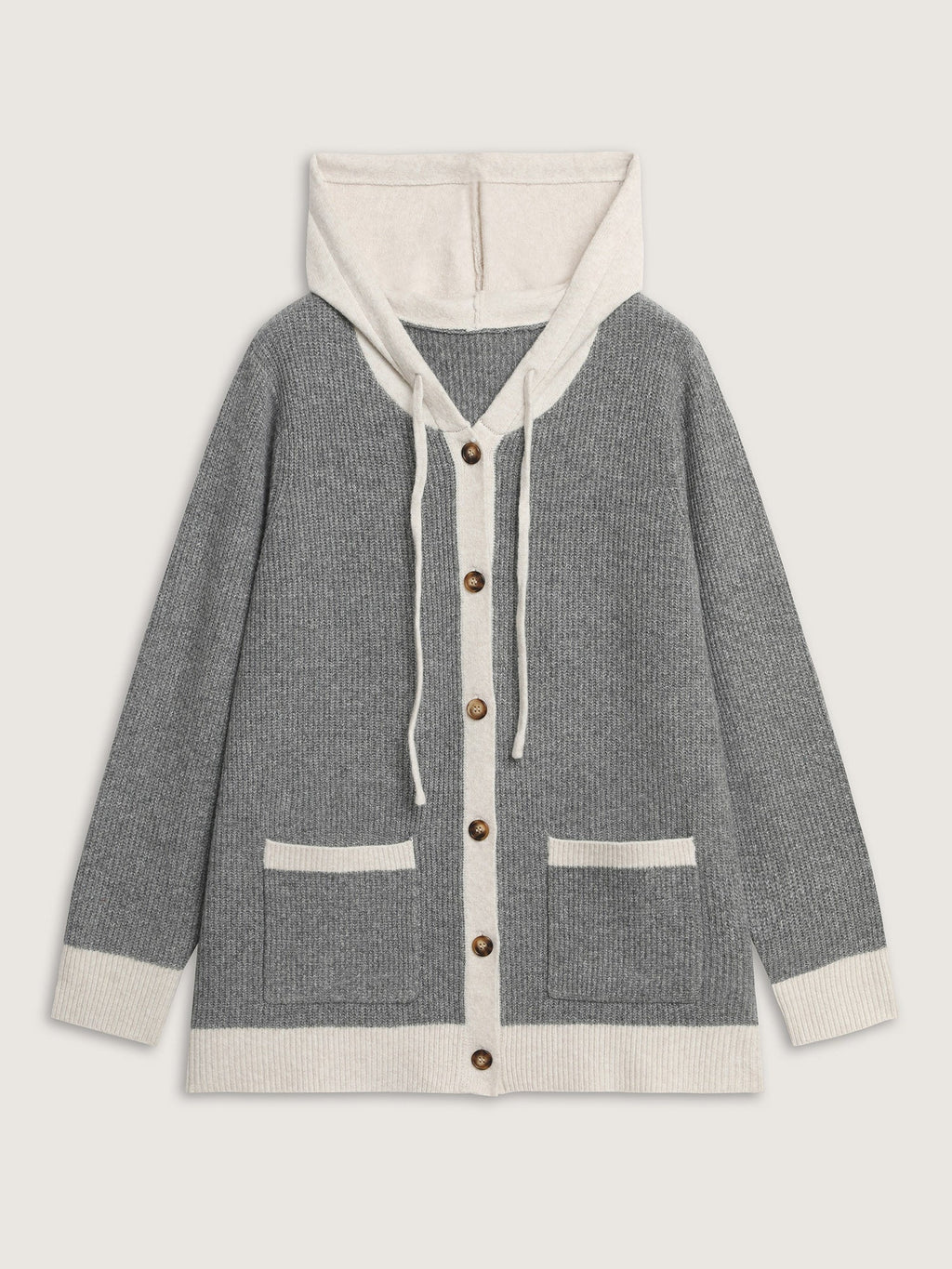 Hooded Colorblock Pockets Button Knit Cardigan