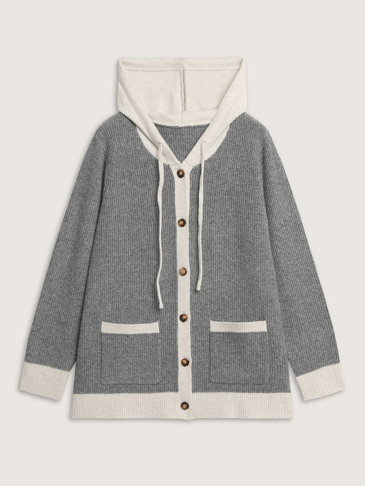 Hooded Colorblock Pockets Button Knit Cardigan