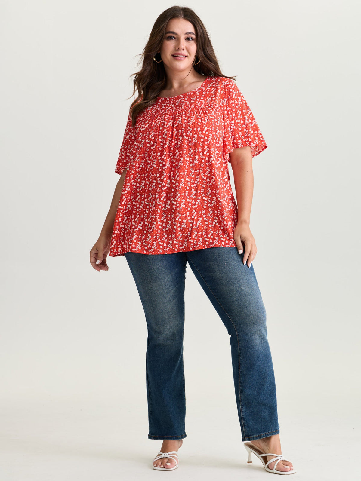 Floral Ruffle Sleeve Gathered Round Neck Blouse