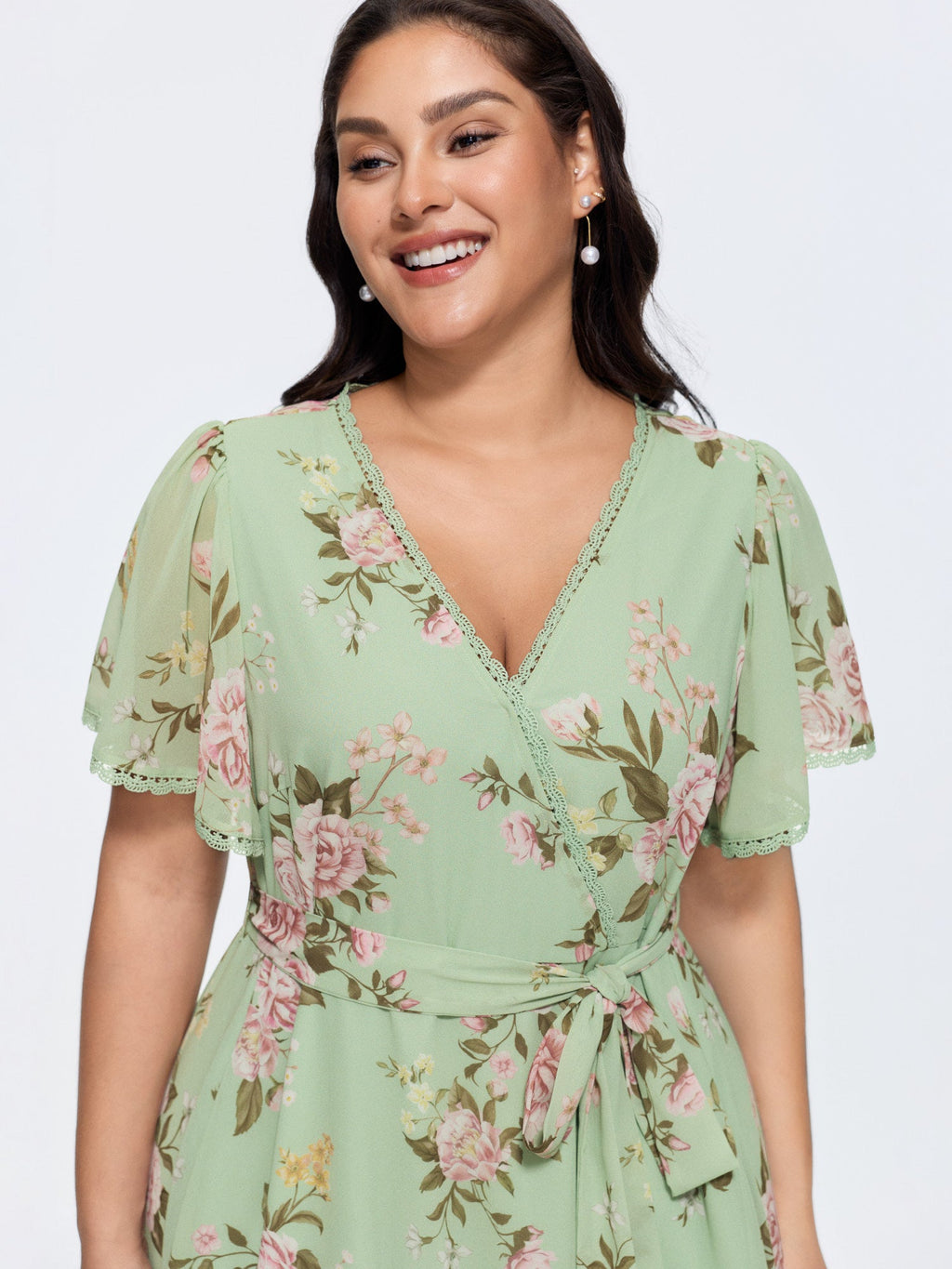 Soft Floral Print Lotus Leaf Hem Midi Dress