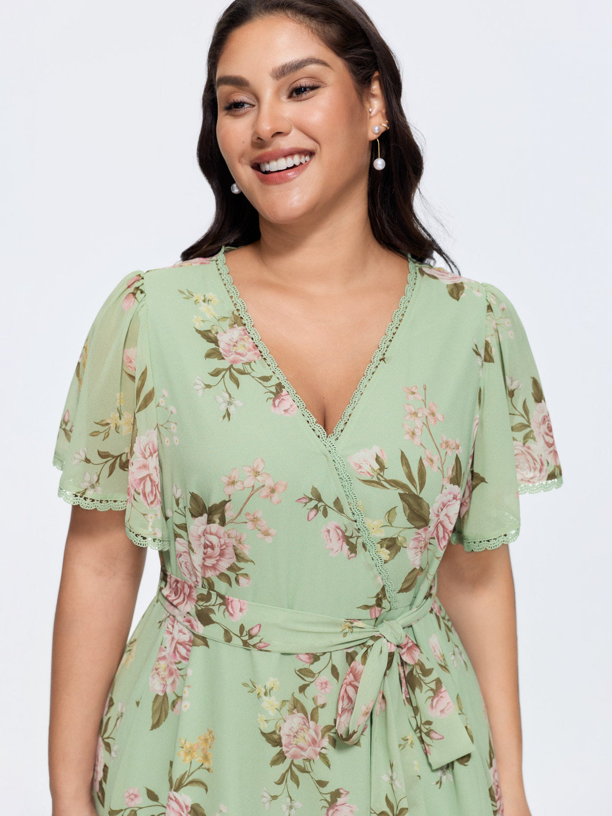 Soft Floral Print Lotus Leaf Hem Midi Dress