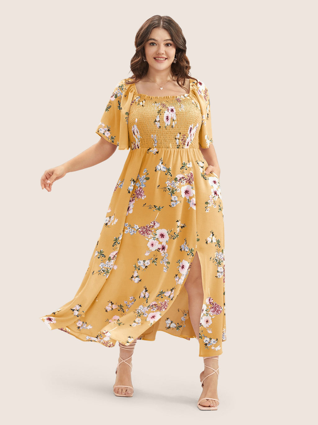 Floral Square Neck Ruffles Pocket Shirred Split Dress