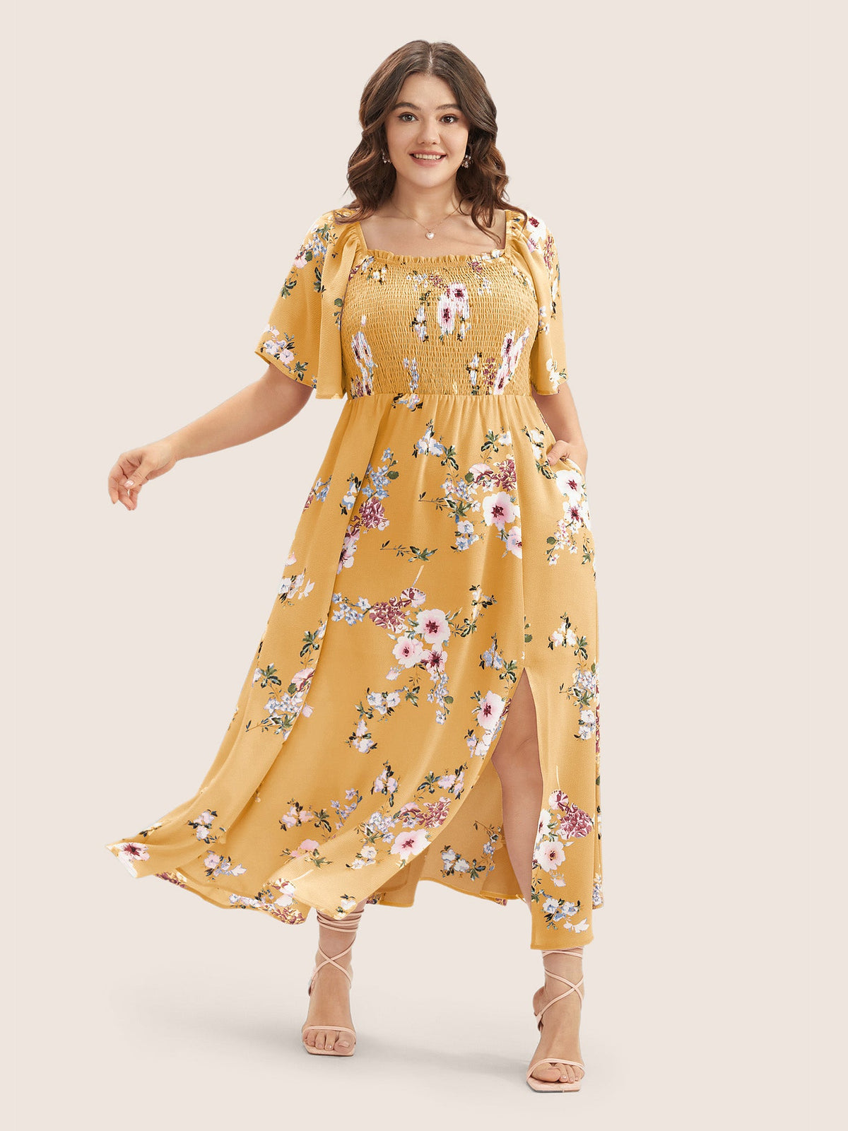 Floral Square Neck Ruffles Pocket Shirred Split Dress