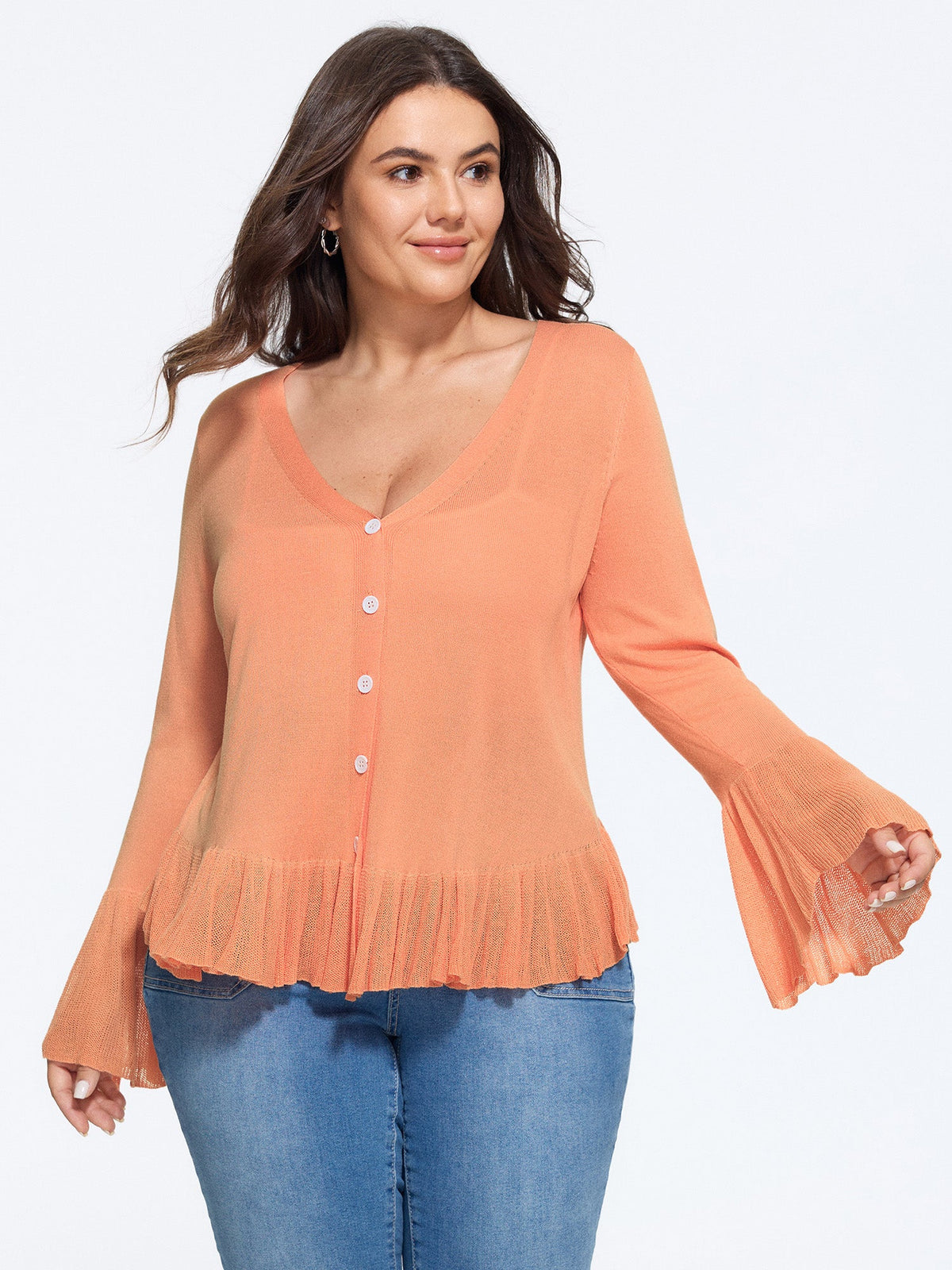 Lightweight Flared Sleeve Ruffle Hem Cardigan