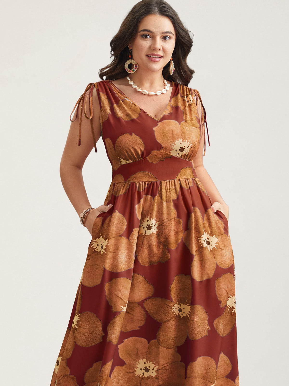 Floral Print V-Neck Tied Midi Dress