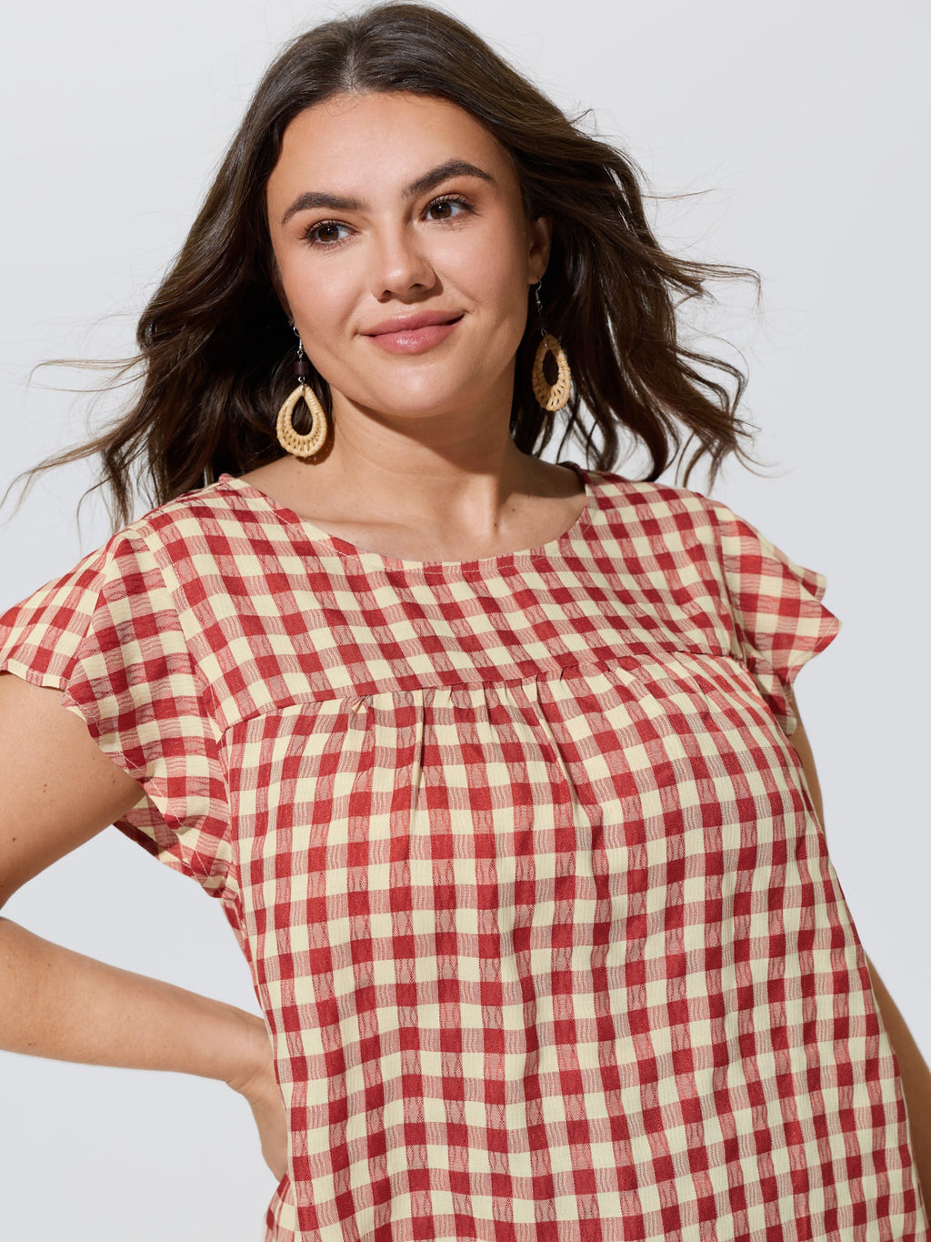 Gingham Print Ruffled Sleeve Pleated Blouse