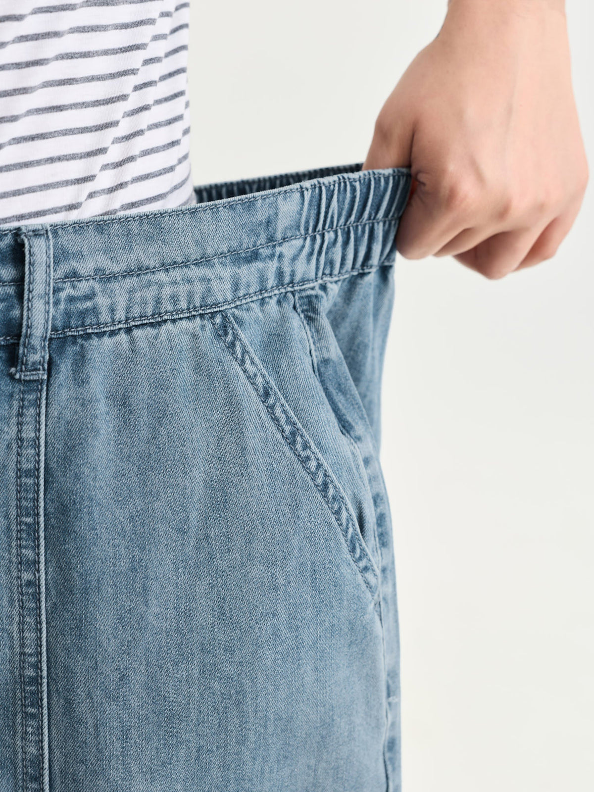 Elastic Waist Cuffed Medium Wash Jeans