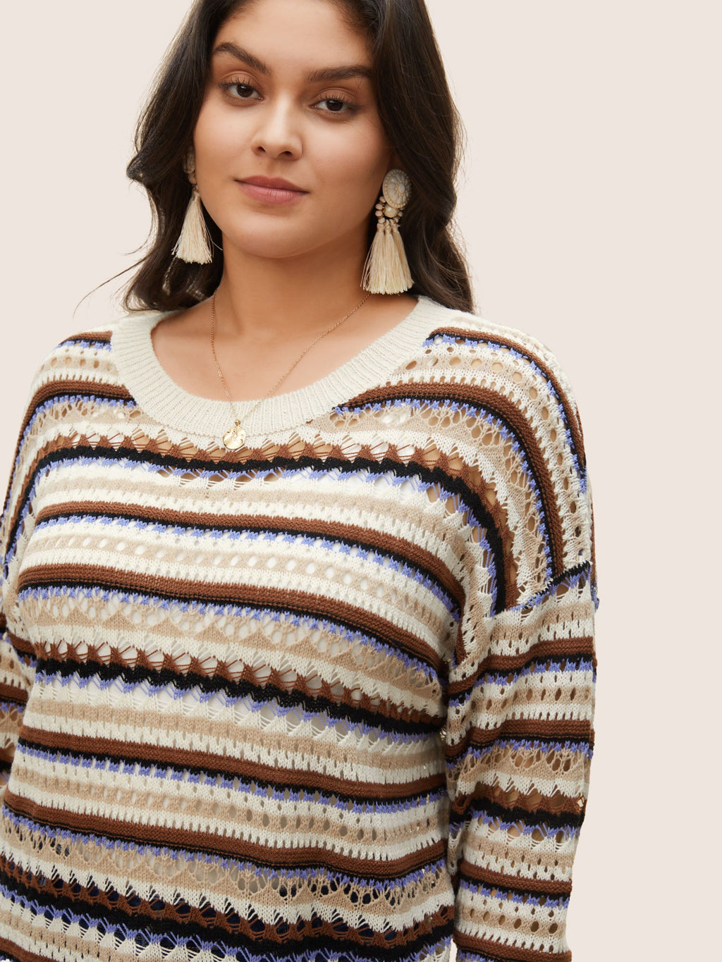 Striped Contrast Drop Shoulder Hollow Out Pullover