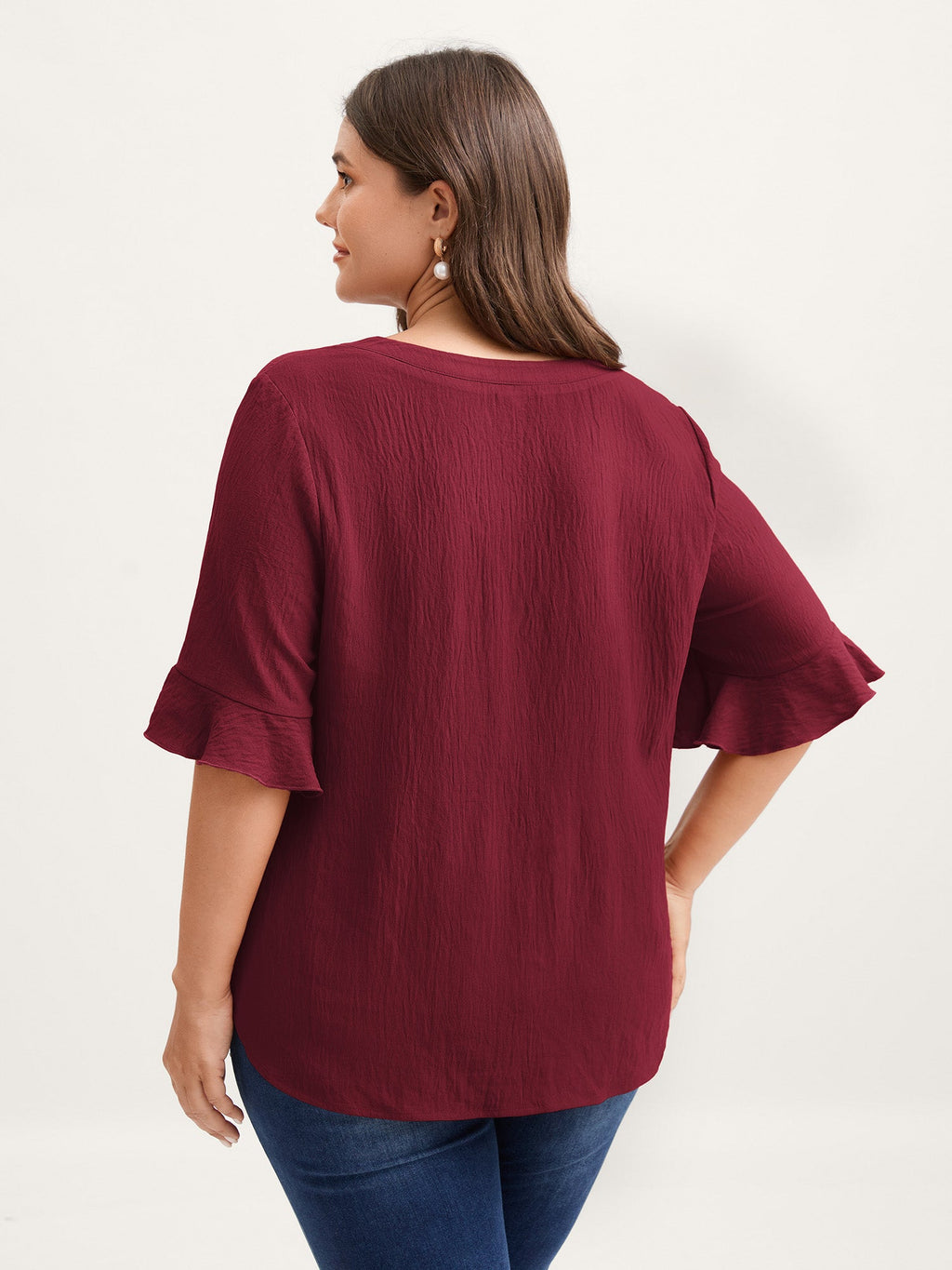 Toothpick Pleats Ruffled Sleeve Solid Blouse