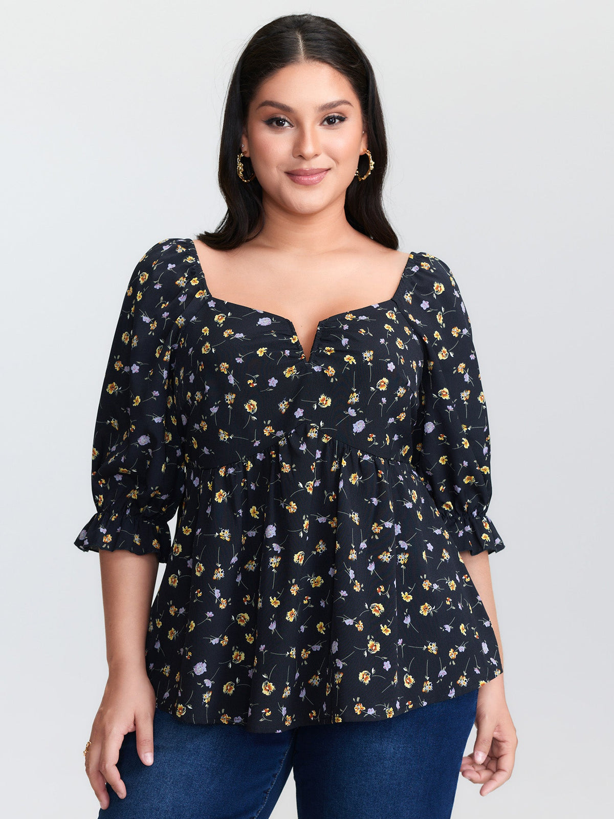 Floral Print Shirred Cuff Sleeve Blouse