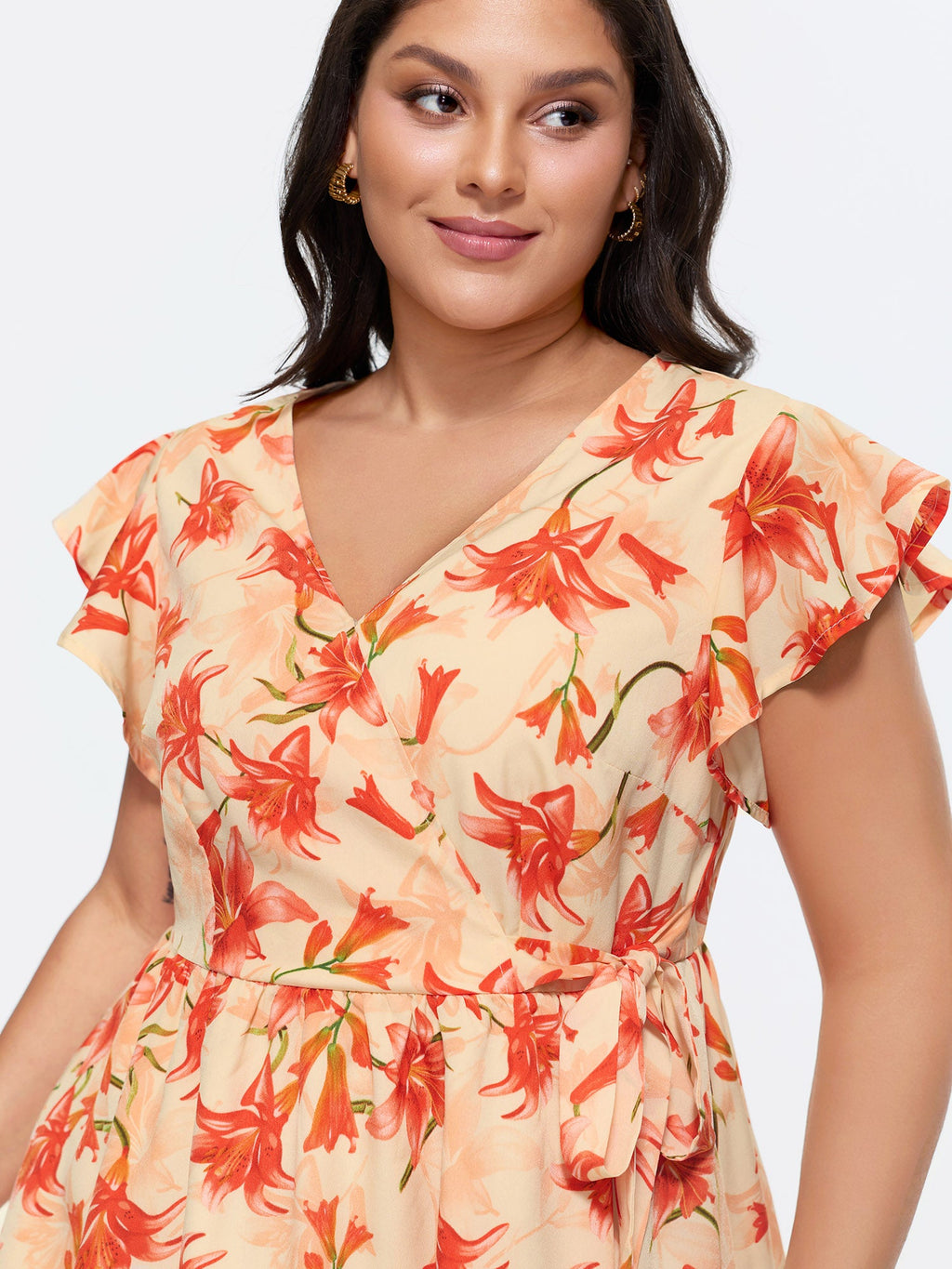 Floral Print Stretchy Wrap Tie Blouse