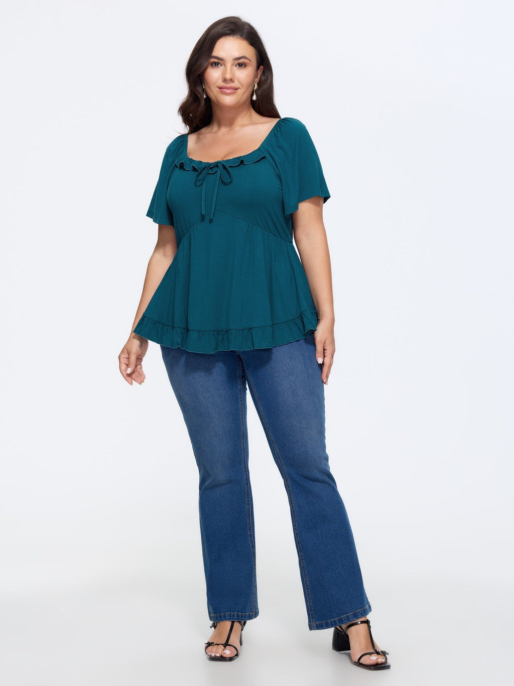Stretchy Ruffled Edge Plain Knit Top