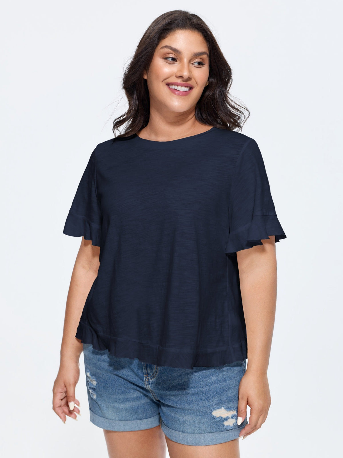 Cotton Overlap Back Sheer Ruffled T-Shirt