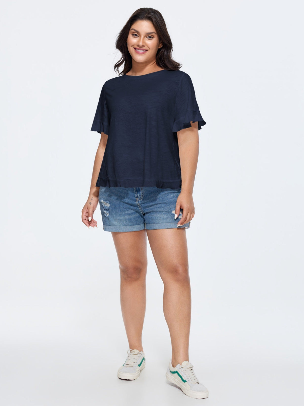 Cotton Overlap Back Sheer Ruffled T-Shirt