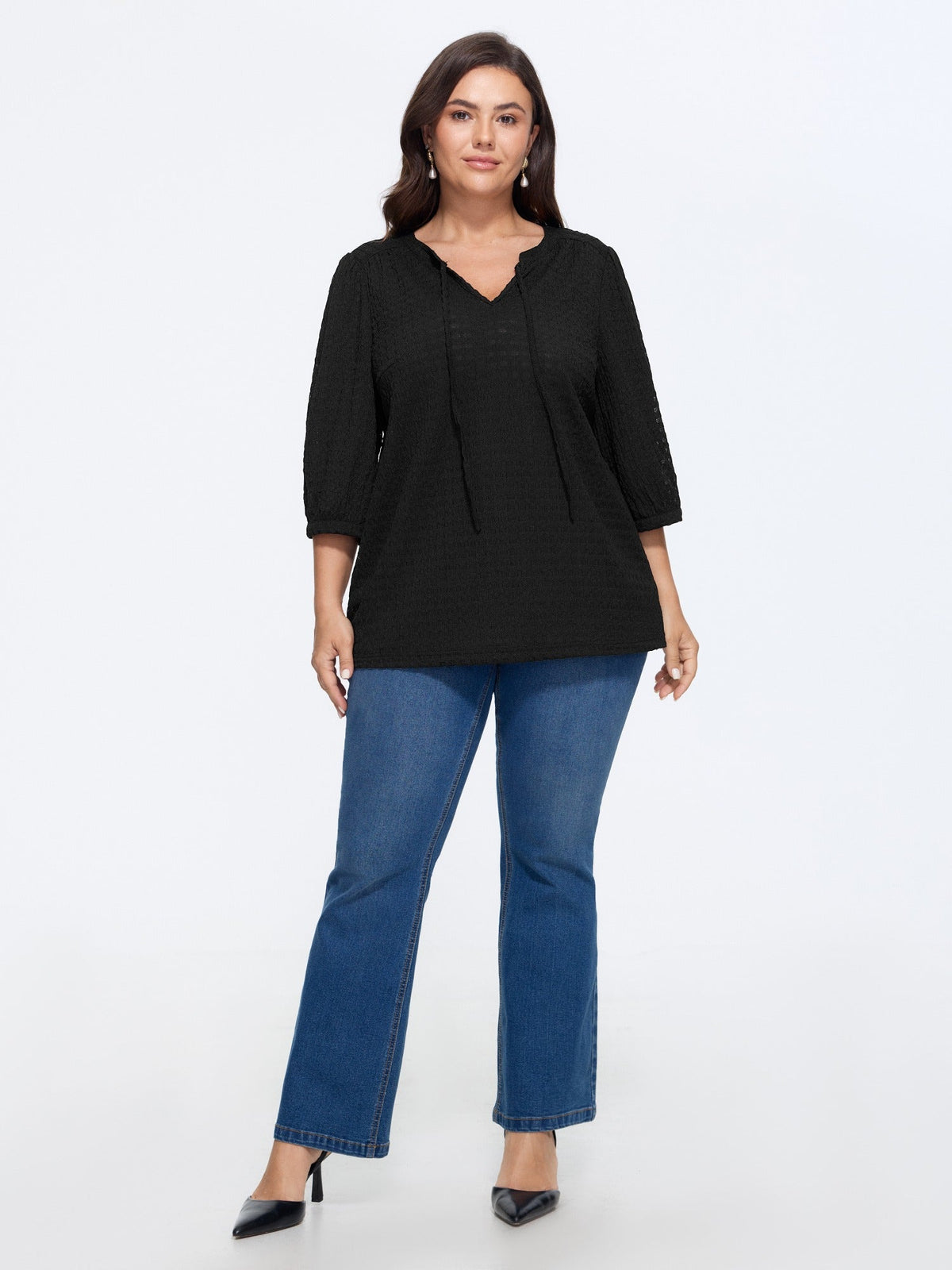 Stretchy Crinkle Textured Neck Tie Blouse