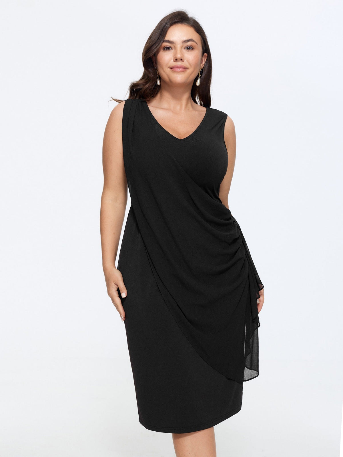 Mesh Ruffle Side Drawstring Bodycon Midi Dress