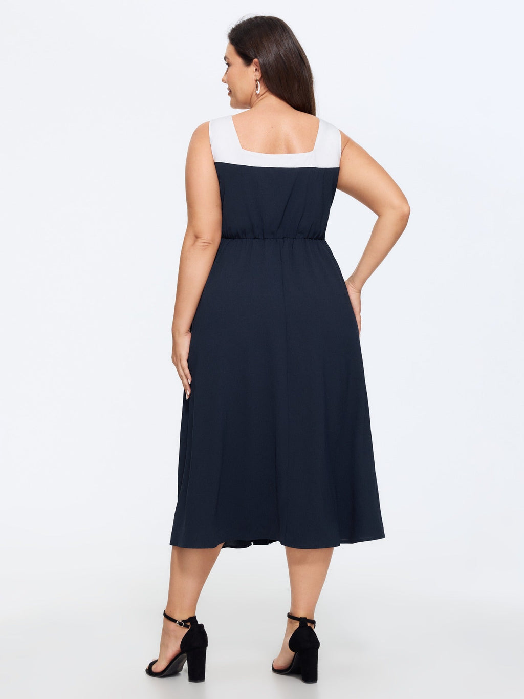 Color Block Square Neck Front Tie Sleeveless Midi Dress