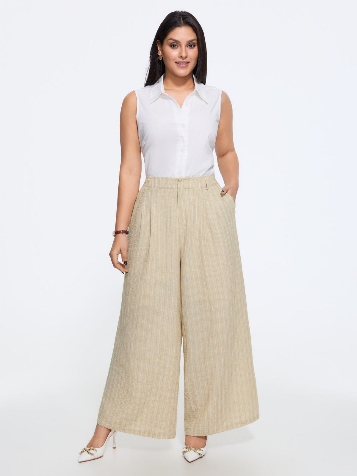 Textured Striped Pleated Wide Leg Pants