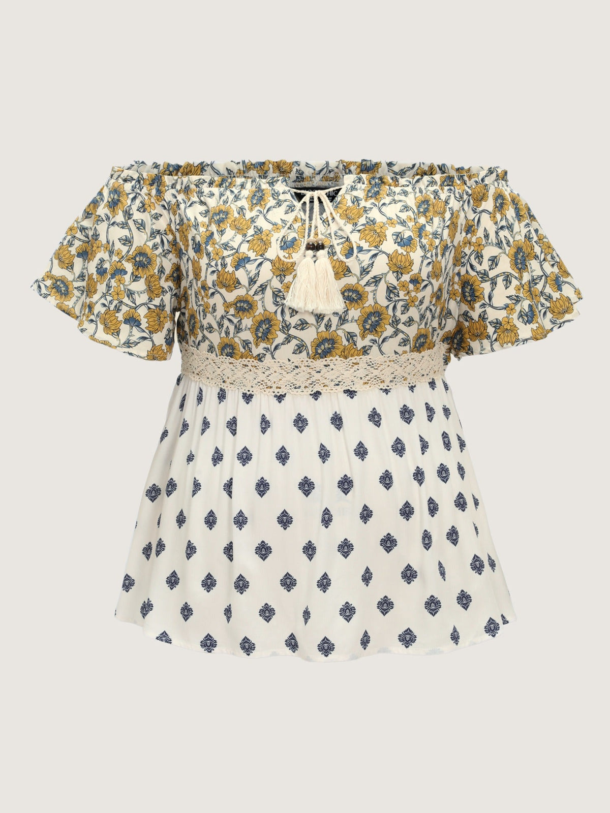 Floral Print Off-Shoulder Color Contrast Top