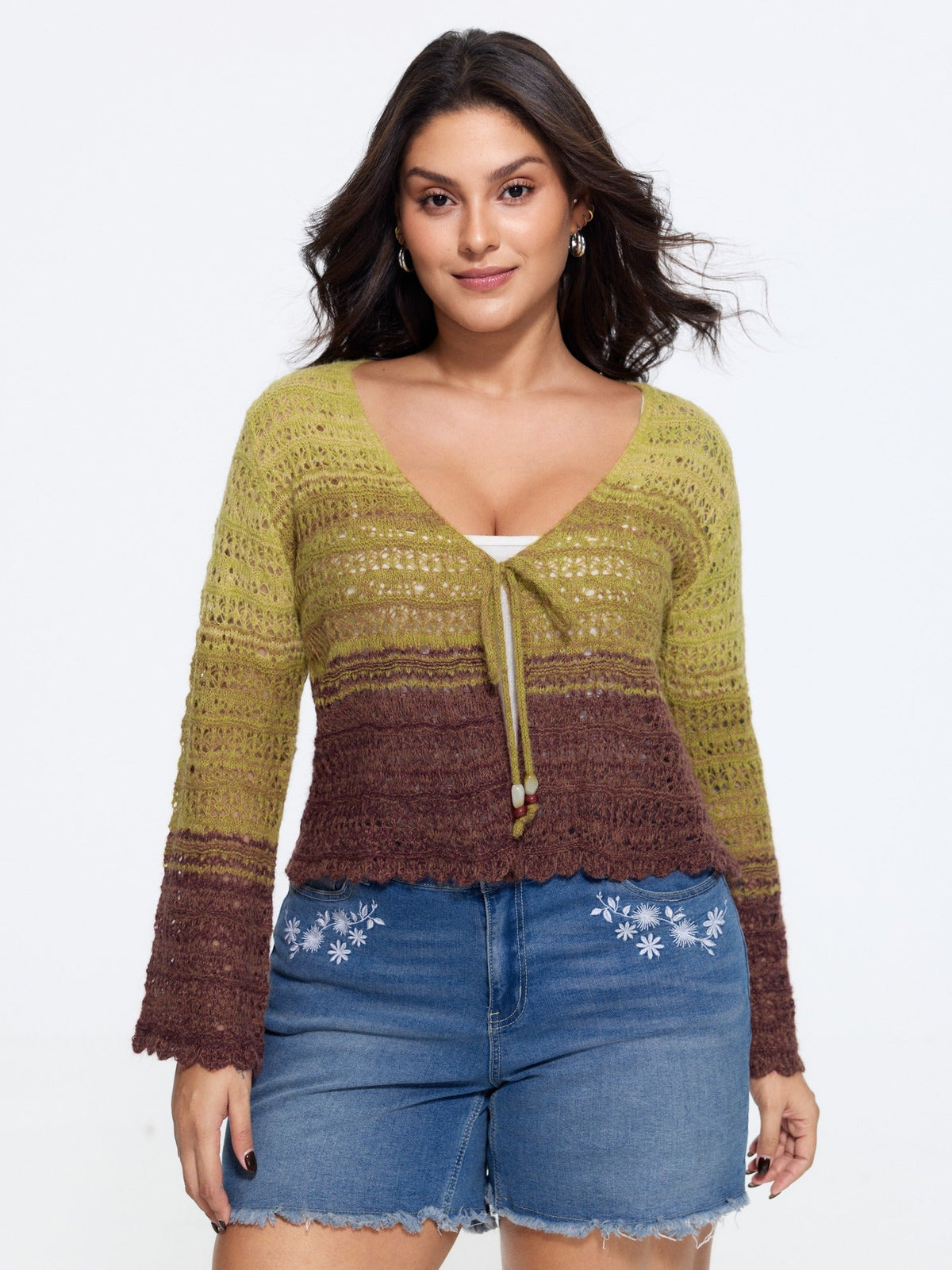 Ombre Tie Front Cut Out Cardigan