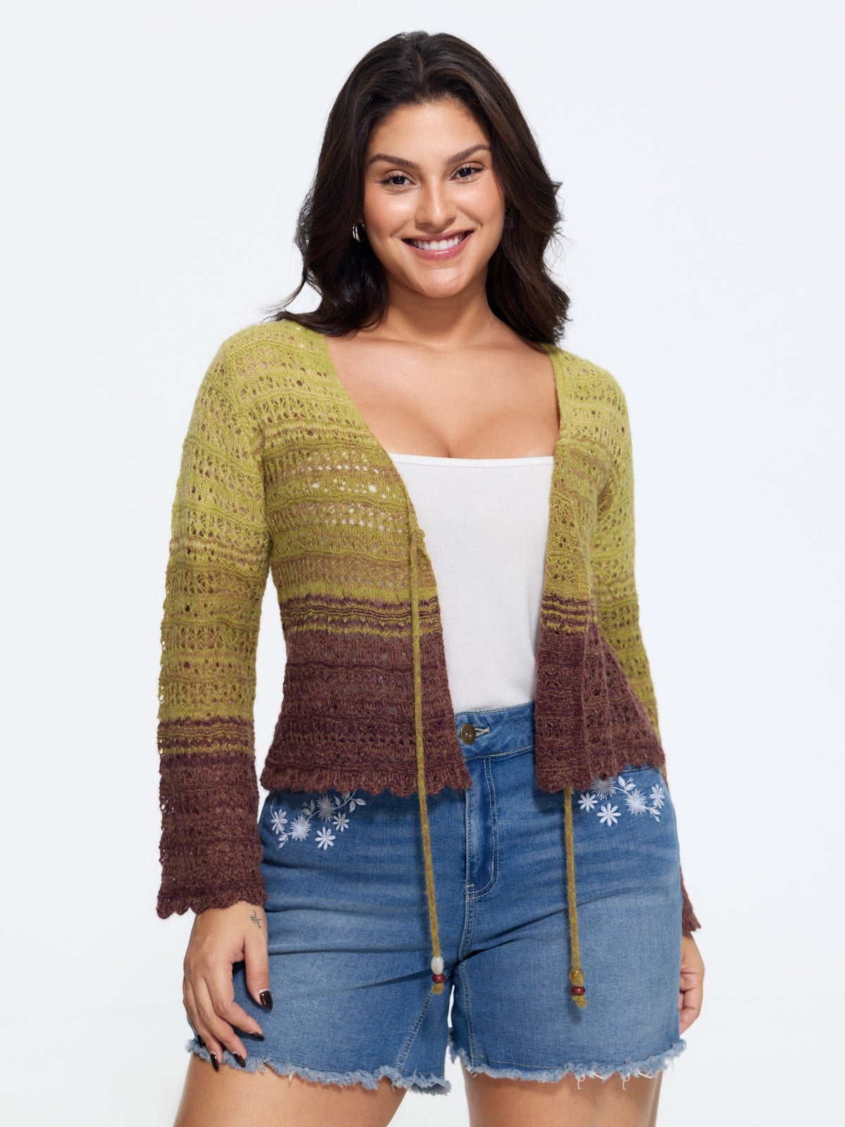 Ombre Tie Front Cut Out Cardigan