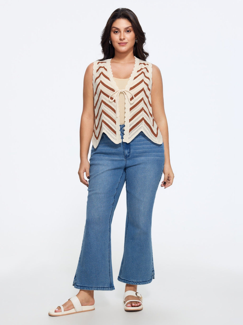 Scallop Edge Chevron Knit Front Tie Sweater Vest