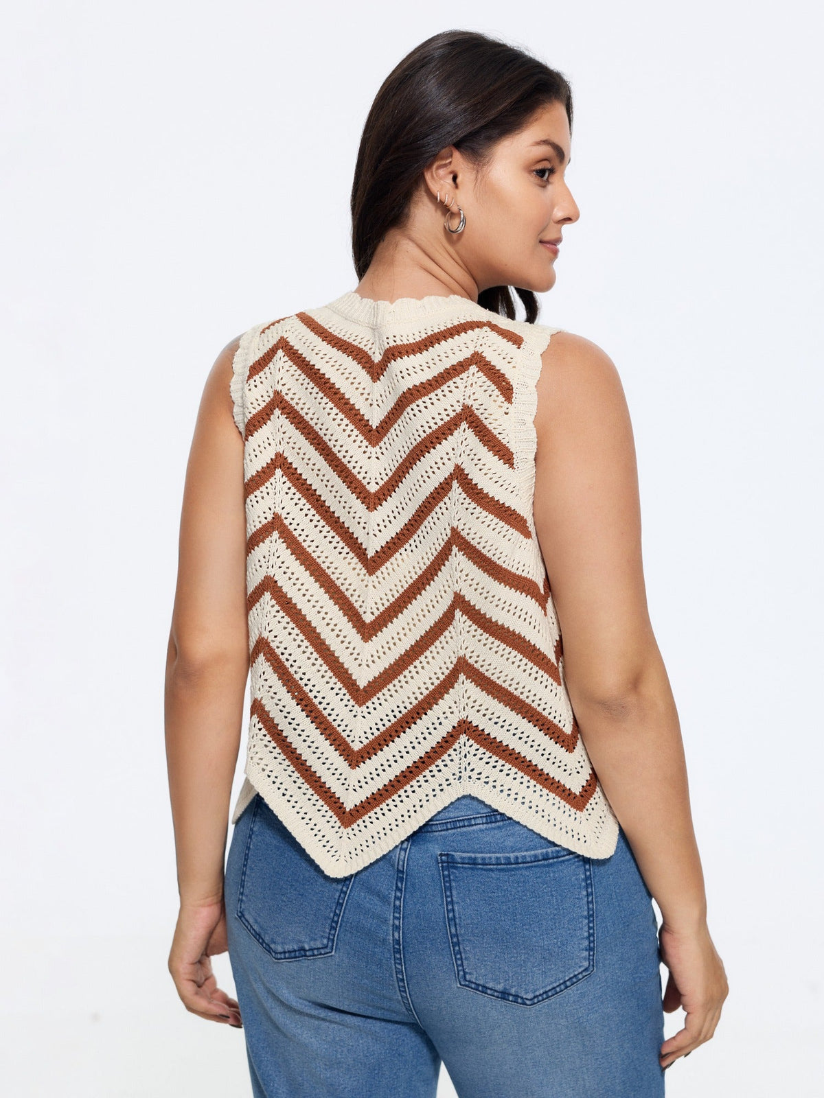 Scallop Edge Chevron Knit Front Tie Sweater Vest