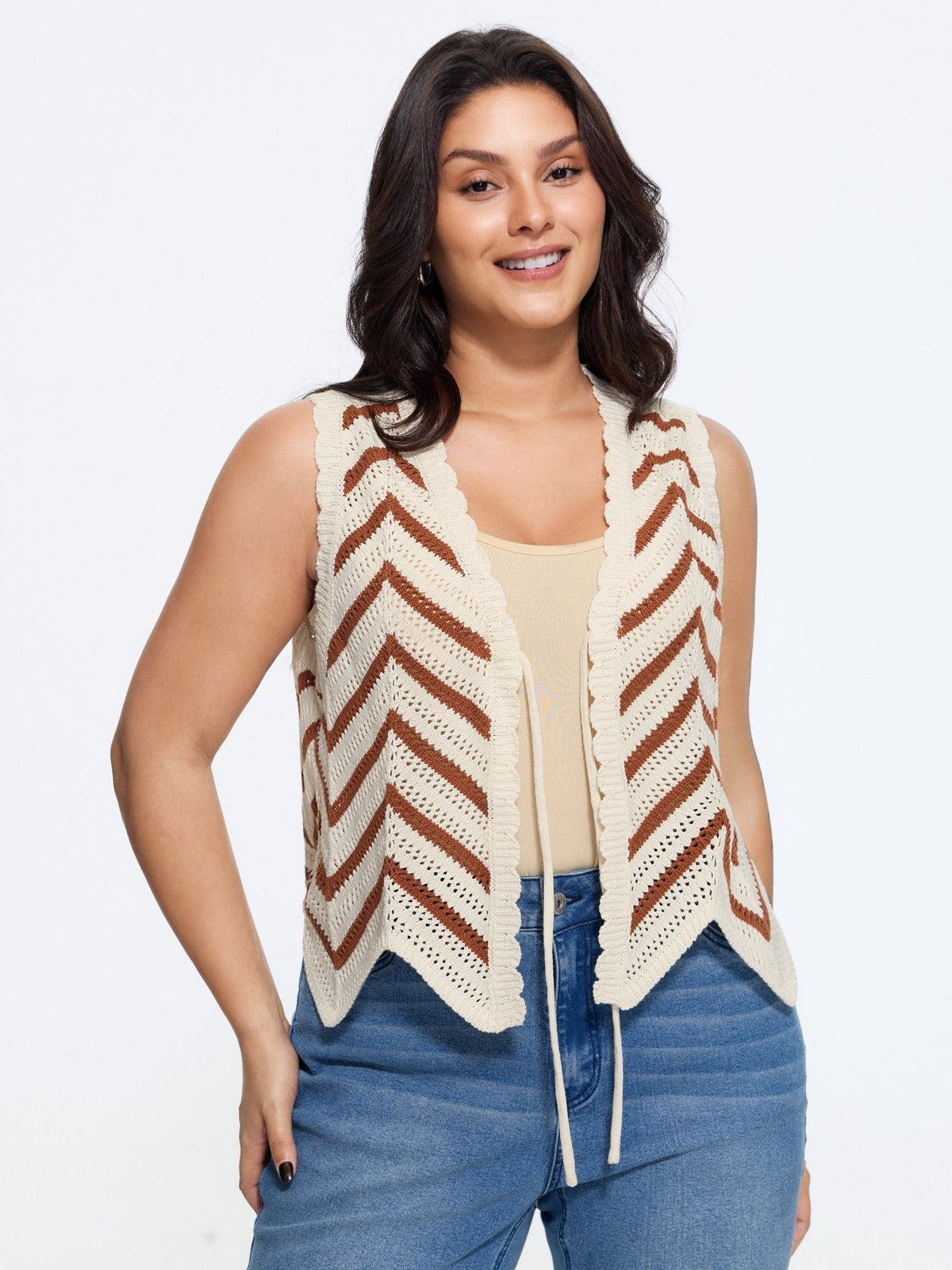 Scallop Edge Chevron Knit Front Tie Sweater Vest