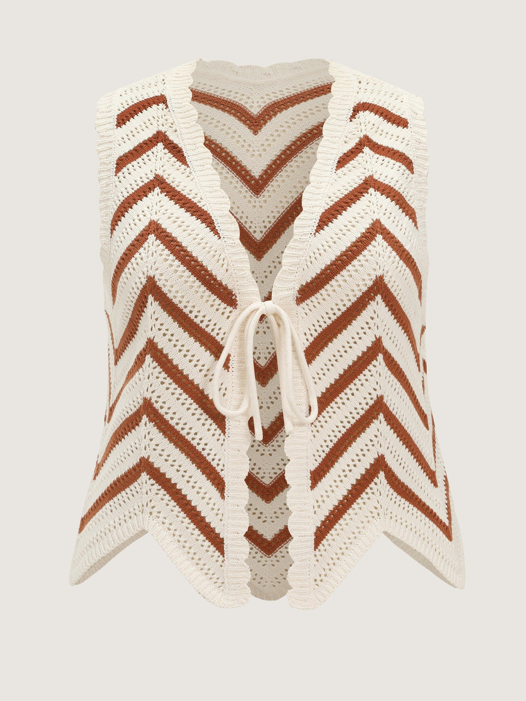 Scallop Edge Chevron Knit Front Tie Sweater Vest