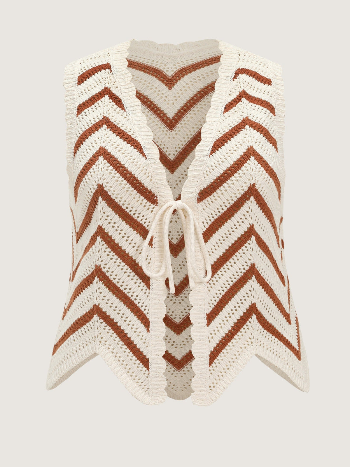 Scallop Edge Chevron Knit Front Tie Sweater Vest