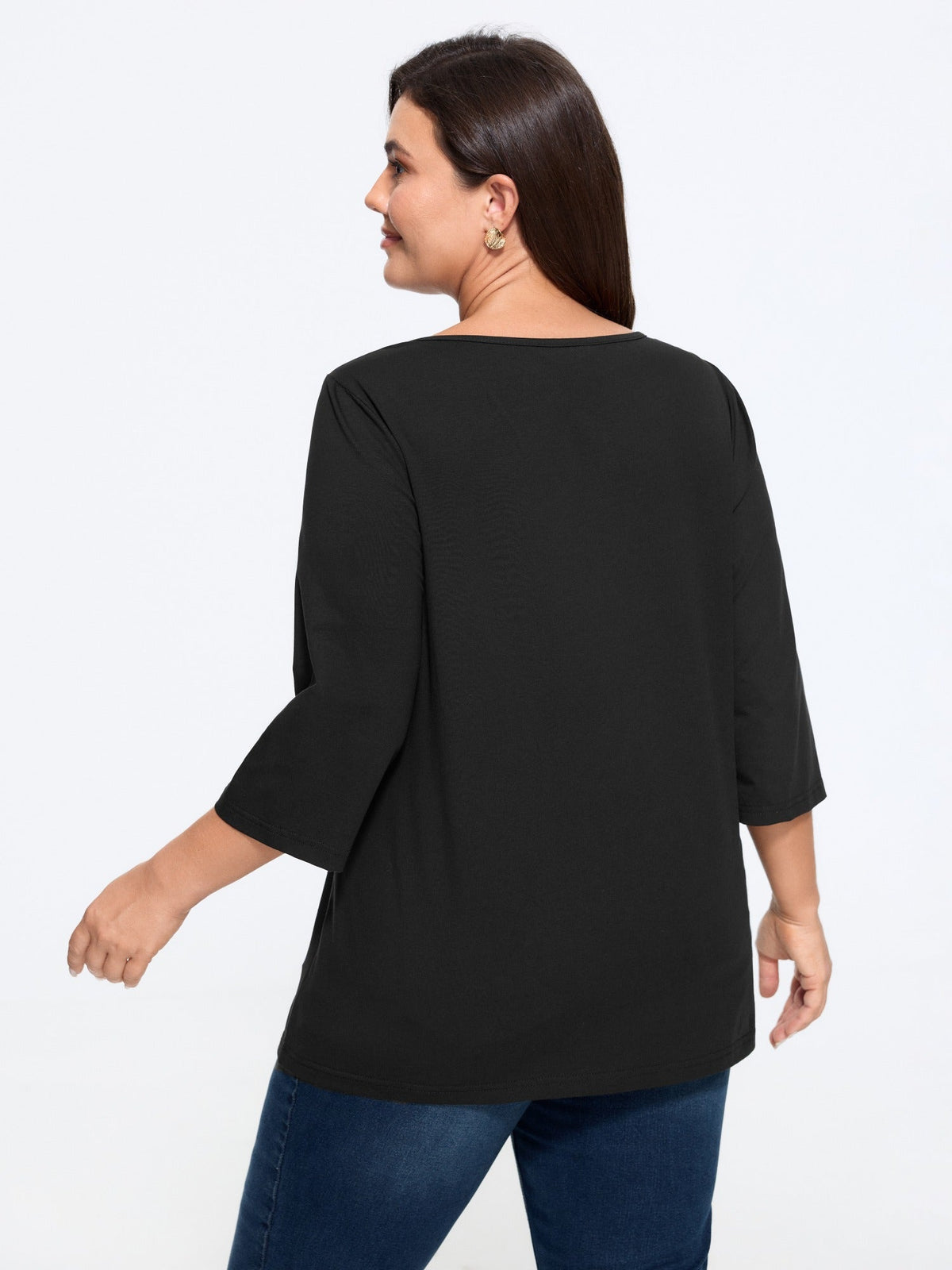 Cotton Wave V Neck Three Quarter Sleeve Knit T-Shirt