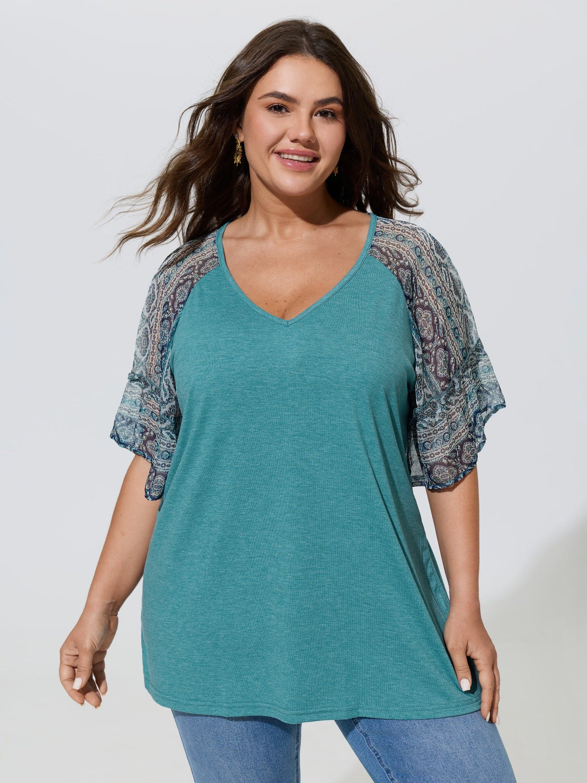 Boho Print Patchwork Raglan Sleeve T-shirt