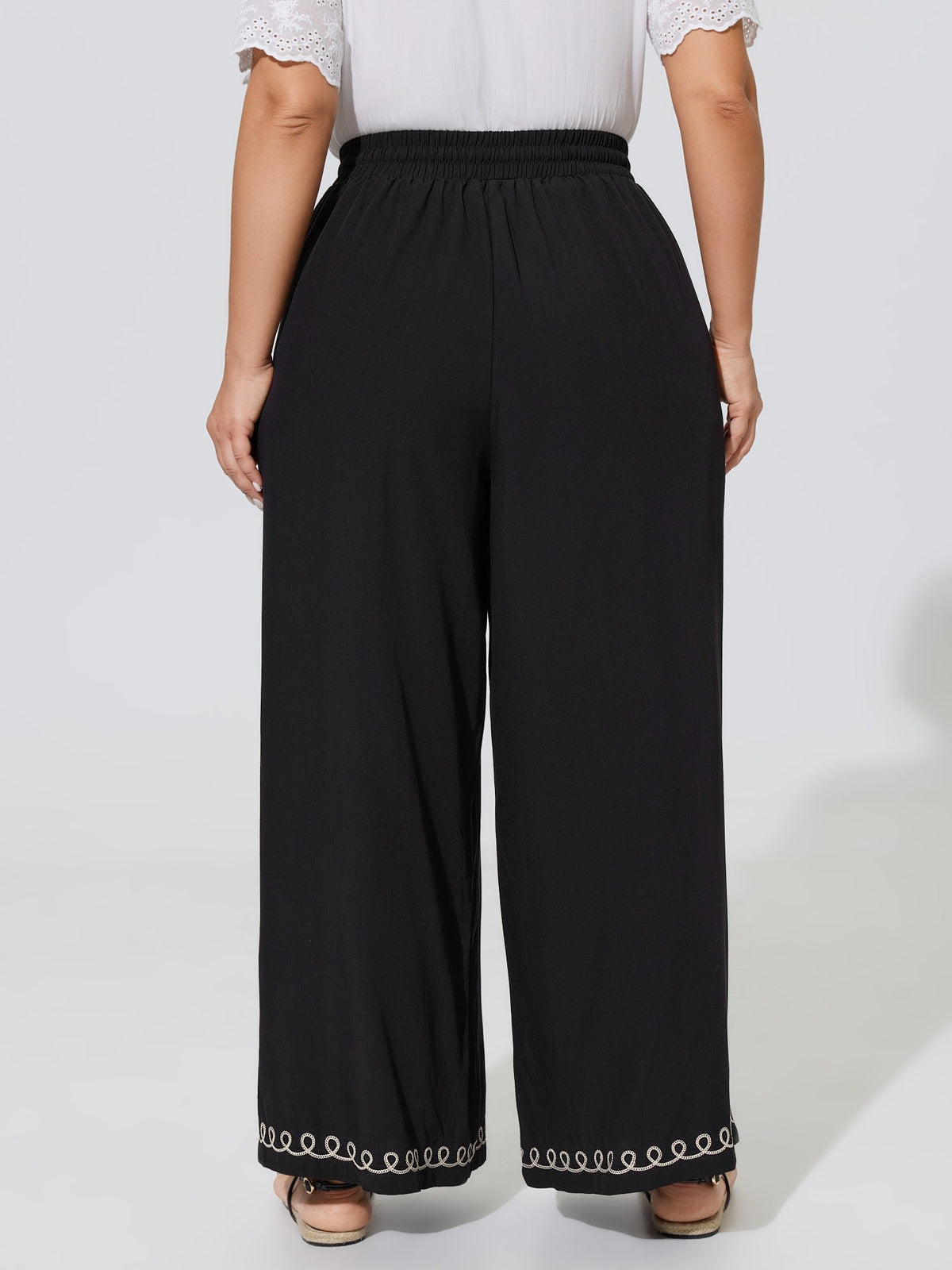 Palm Embroidery Tassel Drawstring Wide Leg Pants