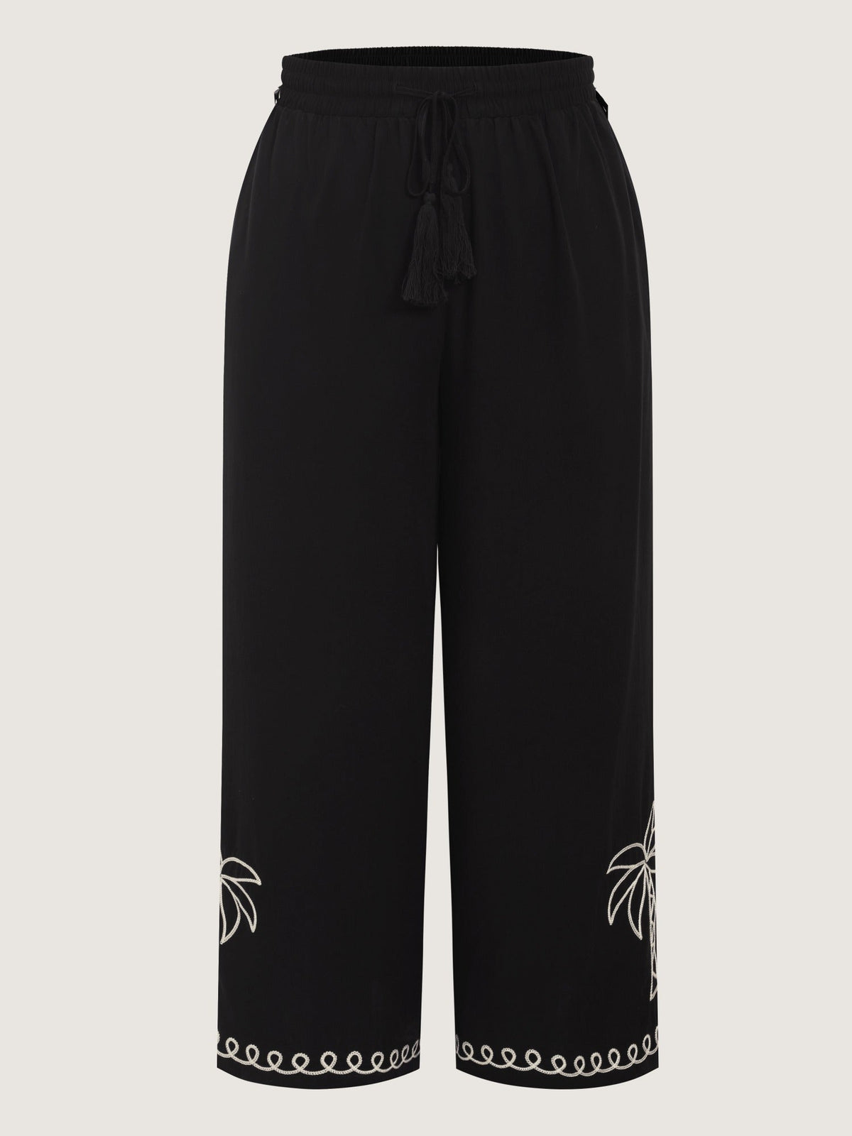 Palm Embroidery Tassel Drawstring Wide Leg Pants