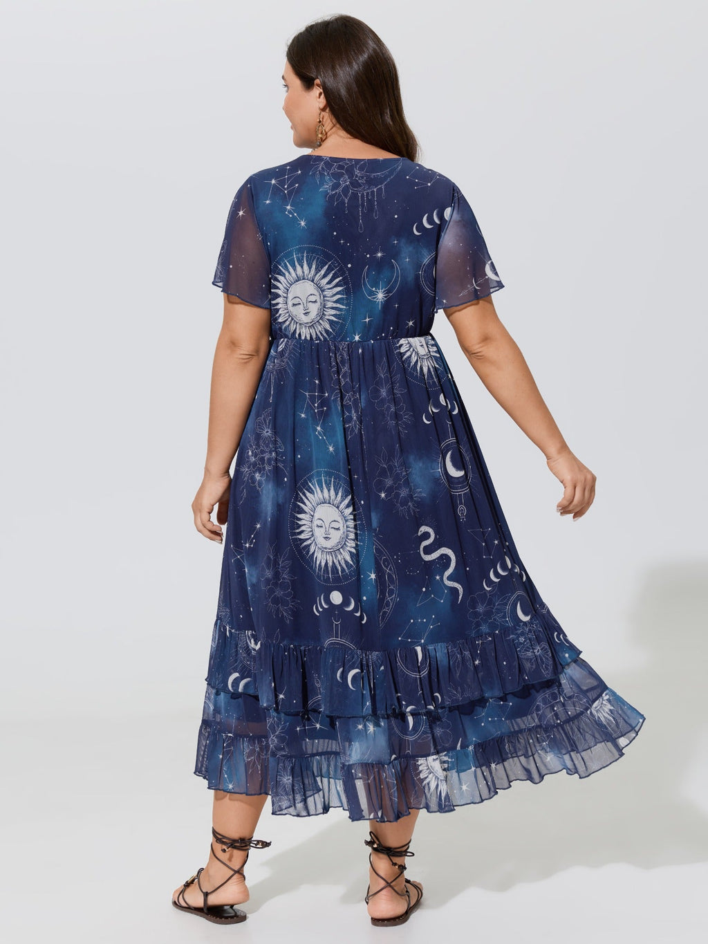 Stretchy Star Moon Print Tiered Ruffle Hem Midi Dress