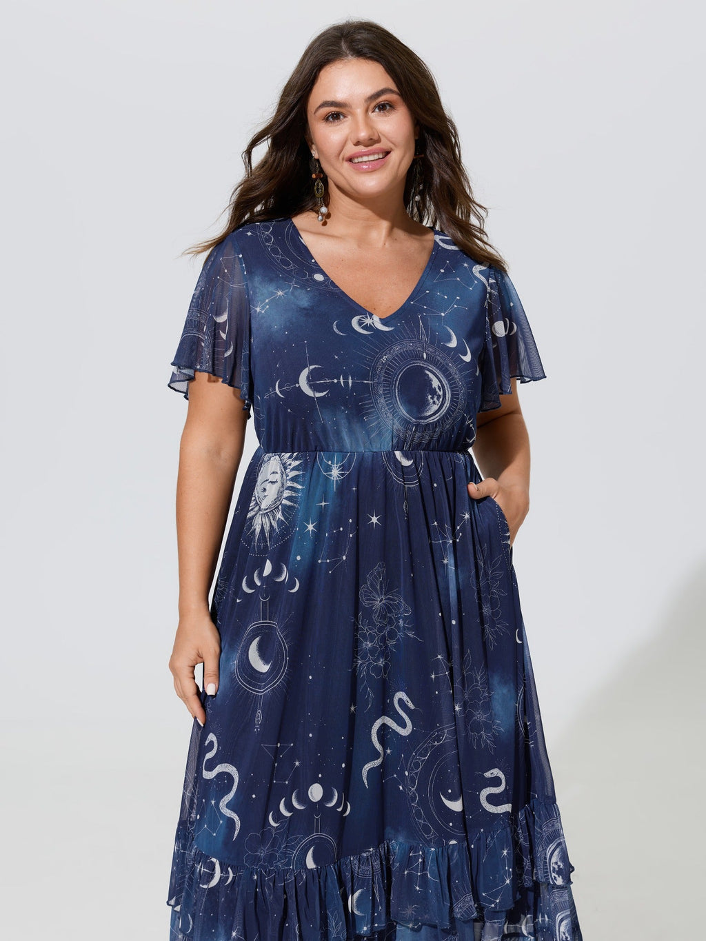 Stretchy Star Moon Print Tiered Ruffle Hem Midi Dress