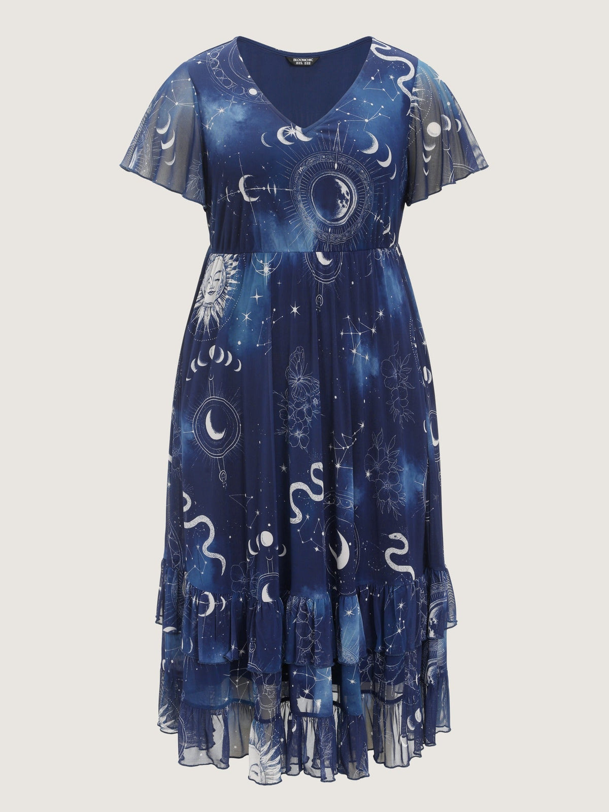 Stretchy Star Moon Print Tiered Ruffle Hem Midi Dress