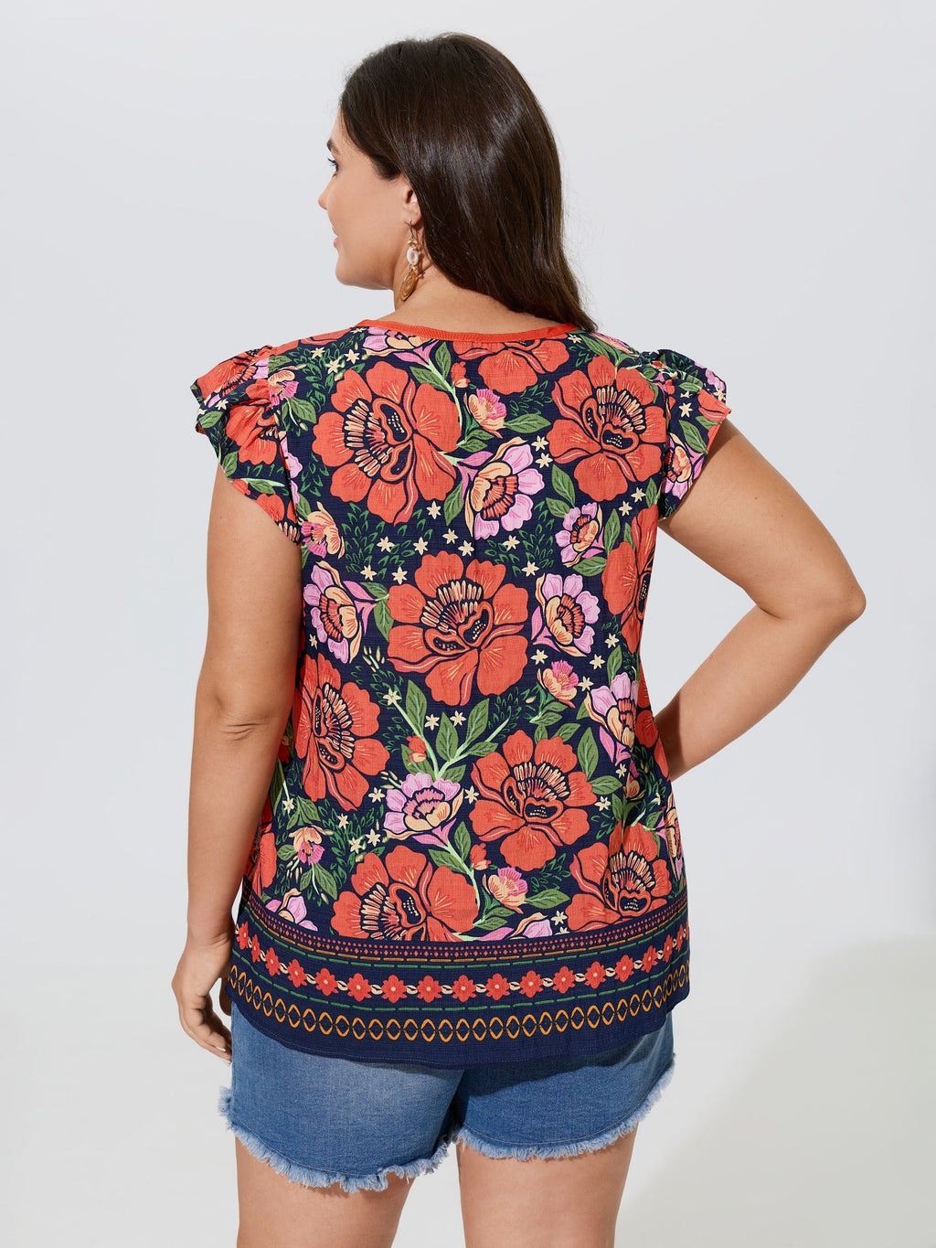 Vibrant Floral Print Flutter Sleeve Blouse