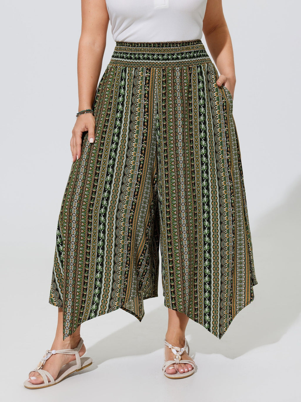 Shirred Colorful Asymmetric Hem Pants