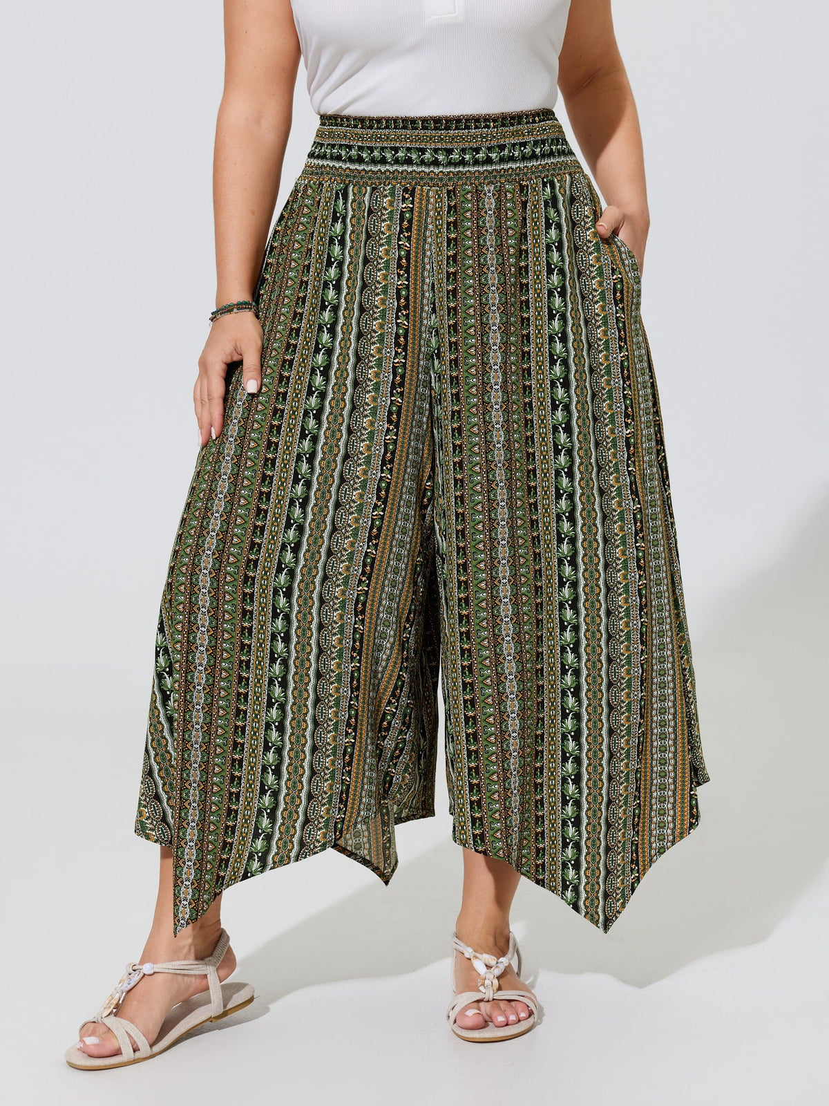 Shirred Colorful Asymmetric Hem Pants