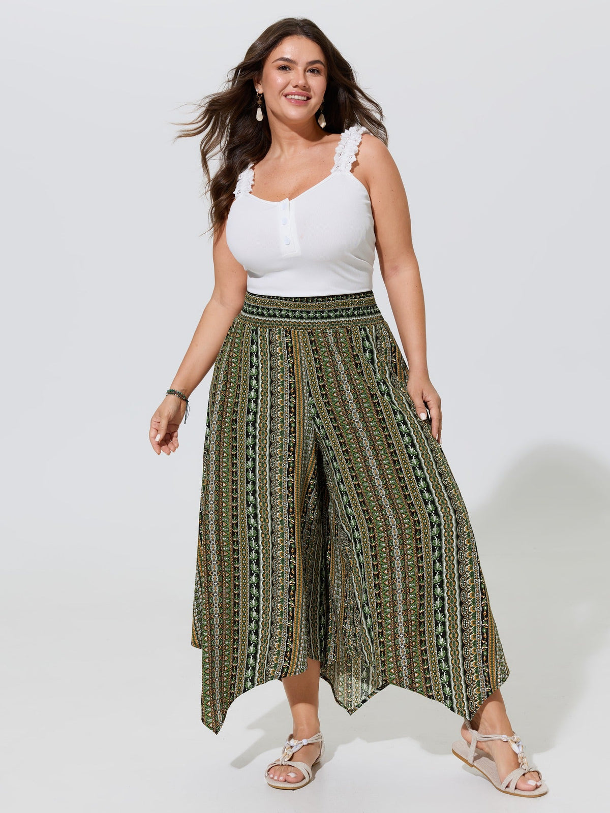 Shirred Colorful Asymmetric Hem Pants